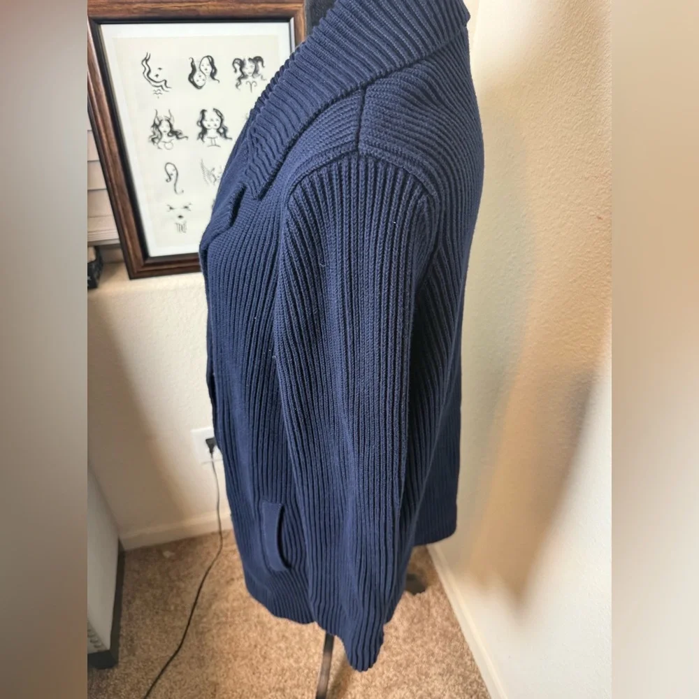 Lauren Ralph Lauren Double Breasted Cardigan Large Chunky Knit Navy Gold Pockets